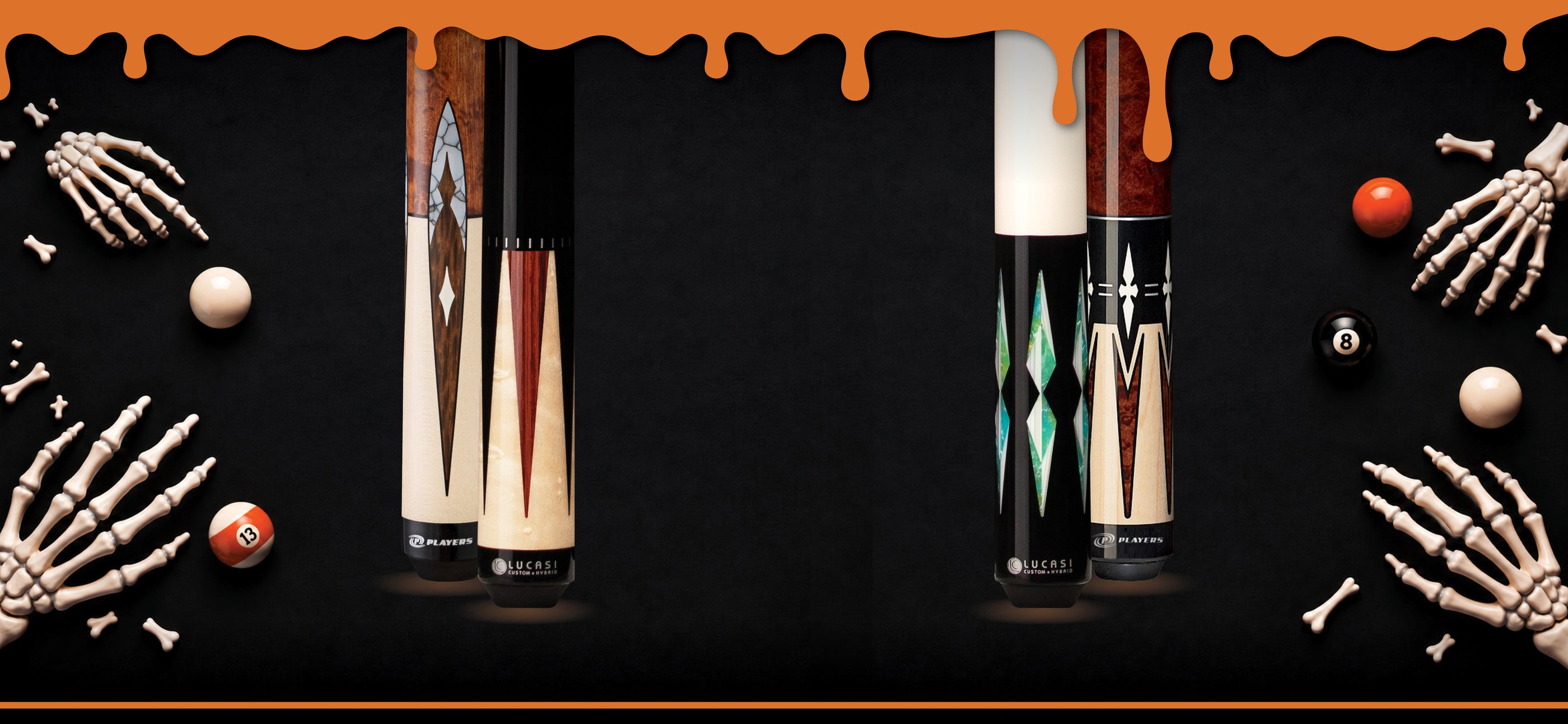 Four decorative pool cue barrels displayed on a black background with Halloween-themed props including skeleton hands, bones, and billiard balls. An orange dripping graphic runs across the top and bottom.