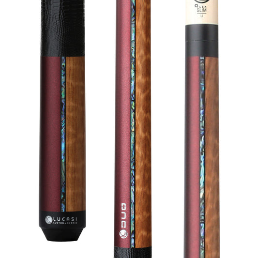 Lucasi Custom Duo Garnet Red/Exotic Apitong Cue with Embossed Leather Wrap - photo 1